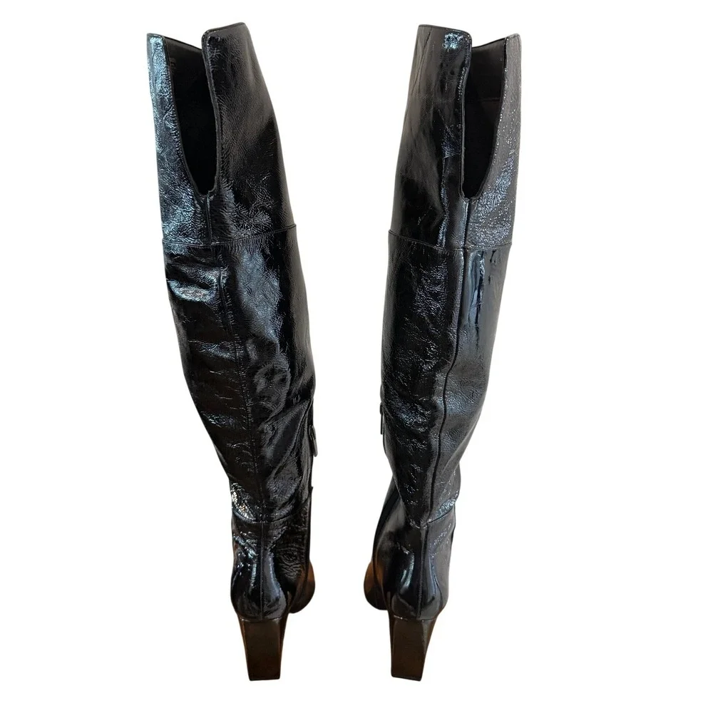 Vince Camuto Minnata Black Crinkled Patent Leather Over The Knee Boots Size 8